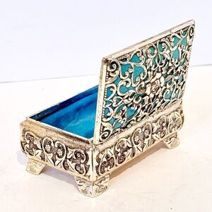 Vintage Silver-Plated Filigree Jewelry/Trinket Box with Teal Velvet Interior